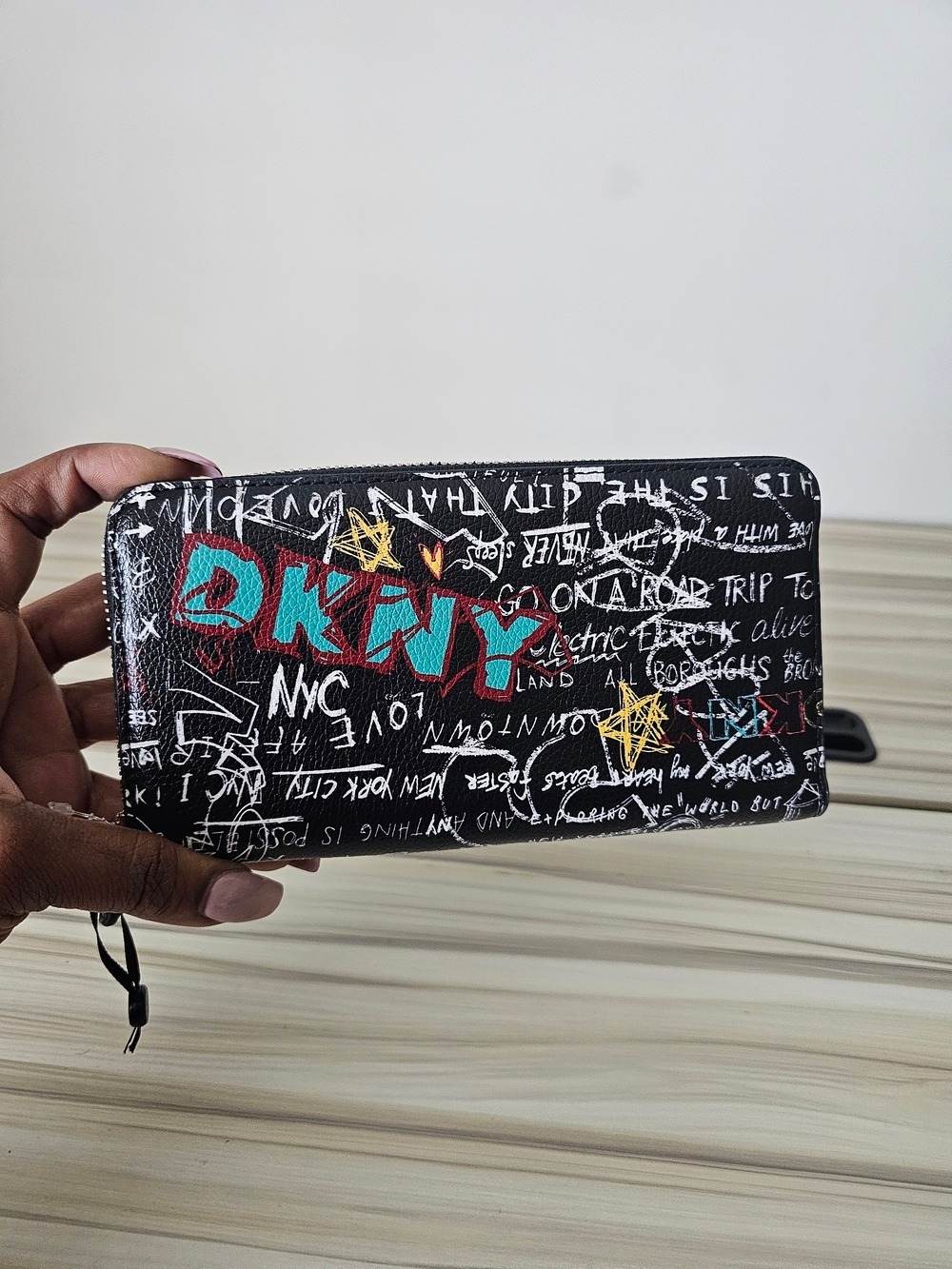 DKNY Black Graffiti Wallet with Teal & Red Logo